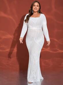 Plus Size White Square Neckline Long Sleeve Sequin Long Formal Gown (Front And Back Prints Randomly Assorted), Party Dress, Wedding Guest Dress, Evening Dress
