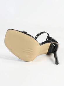 Women's Fashion High Heel Sandals - PU Leather Stilettos Flat Sandals, Strap Square Toe Sandals, Rear Covered Sandals, Black Lacquer Thin Heel Sandals, Summer Outdoor & Regular High Heel Sandals, Elegant Black Sandals For Women - Black - View 10