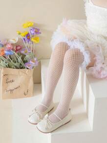 1/2/3 双女童镂空蕾丝边网眼长筒袜，柔软透气时尚过膝袜，春夏 - 彩色 - 查看 3