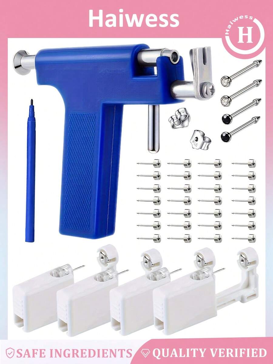 Haiwess 33PCS Professional Ear Piercing Kit  And 4pcs Disposable Self-Piercing Kit,Easy To Operate With Built-In Nose Staple, Convenient For Home Use, Unscented, And Hygienic Piercing Experience,Valentine's Day Gifts For Men And Women.