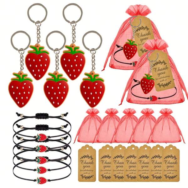 20 Pcs Strawberry Gift Sets, Including 5 Strawberry Keychains, 5 Bracelets, 5 Sheer Bags, And 5 Greeting Cards, Suitable For Birthday, Wedding, Party Decoration, And Supplies. Car Accessories Bag Charm Backpack For School Cute Goth Y2k Bag Lanyards With Id Holder Car Accessories Bag Charms Christmas Car Accessories Teacher Friend Sister Gift Ideas