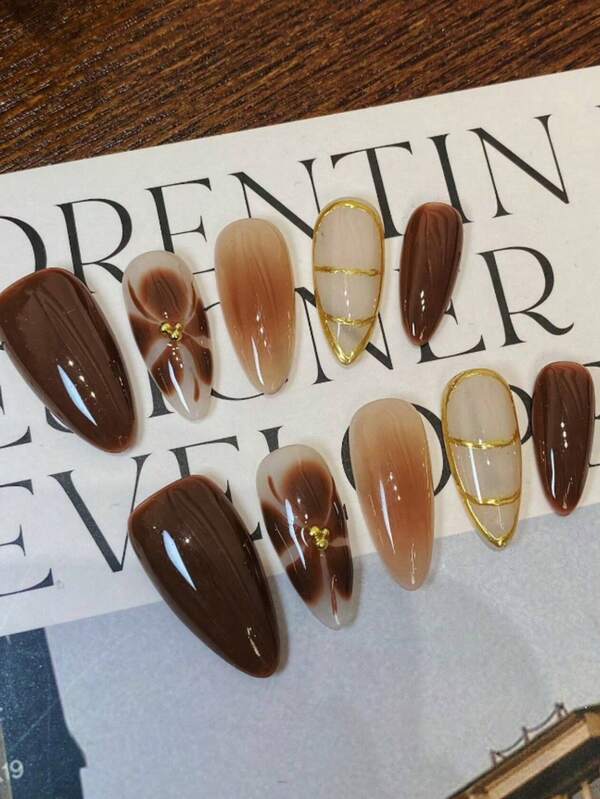 10 Almond-Shaped Nail Pieces, Pure Handmade Autumn And Winter Super Beautiful, High-End Elegant, Gentle Style, Multi-Color Blooming, Hand-Painted Flowers With Small Gold Beads, Suitable For Girls And Women