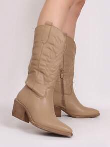PU TEXAN BOOT WITH 6.5 HEEL 33CM HIGH BOOT (BELOW THE KNEE) - Beige - View 3