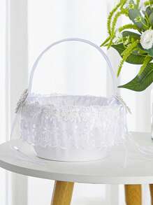 1PC Wedding Flower Girl Basket Handheld Small Bow Flower Basket Lace Decorative Small Basket - Multicolor - View 5