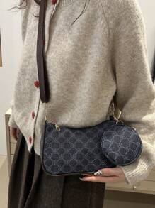 迷你几何图案方形零钱包 复古图案方形小包 经典女士斜挎包 带挂袋 女士零钱包