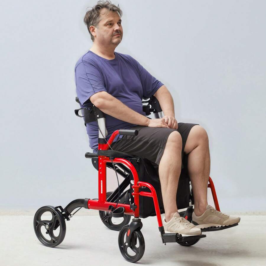 2 In 1 /3 Wheels Rollator Walker & Transport Chair For Seniors, Folding Rolling Walker Wheelchair Combo & Footrests, Lightweight Aluminum Mobility Walker With Adjustable Handle, All Terrain Wheels, 260/300LBS - 2-in-1 Red - 查看 1