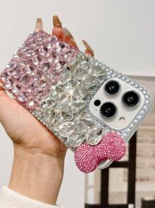 Étui de protection de téléphone en TPU de luxe brillant avec patch de strass, design nœud papillon rose minimaliste et élégant, compatible avec iPhone 11/12/13/14/15/16/Pro Max