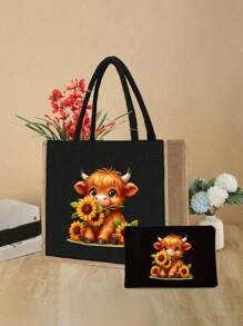 Set di borse a tracolla in tela stampata con tema di bovini delle Highlands, con grande capacità, per spalla e da portare a mano. Borsa shopping multifunzionale in lino di grandi dimensioni per donne - Multicolore - Visualizzare 8