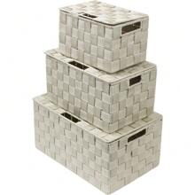 Storage Basket With Lid, Mesh Hand-Woven Basket, Decorative Storage Boxes With Lids, Wicker Basket Organizers For Storage (Variety Pack Of 3 - Black) - Beige - View 1