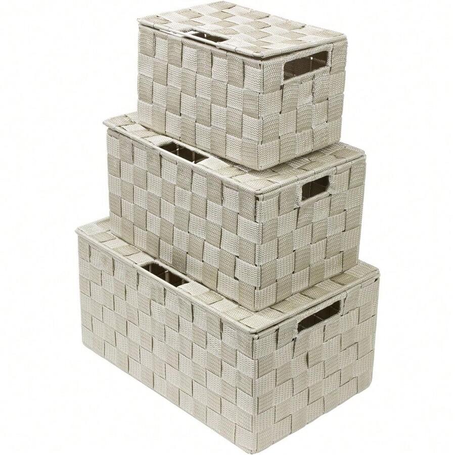 Storage Basket With Lid, Mesh Hand-Woven Basket, Decorative Storage Boxes With Lids, Wicker Basket Organizers For Storage (Variety Pack Of 3 - Black) - Beige - View 1