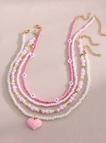 4pcs/Set Handmade Pink Heart & Butterfly Pearl Bead Necklace, Suitable For Children Girls Everyday Wear