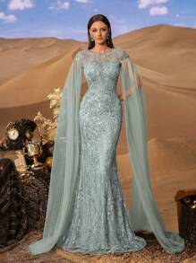 Faeriesty Haute Glamour Formal Women's Evening Dress With Round Neck, Oversized Long Sleeves, And Elegant Mermaid Hemline. Perfect For Wedding Banquets, Charity Galas, Award Ceremonies, Opera Nights, And High-End Business Dinners.