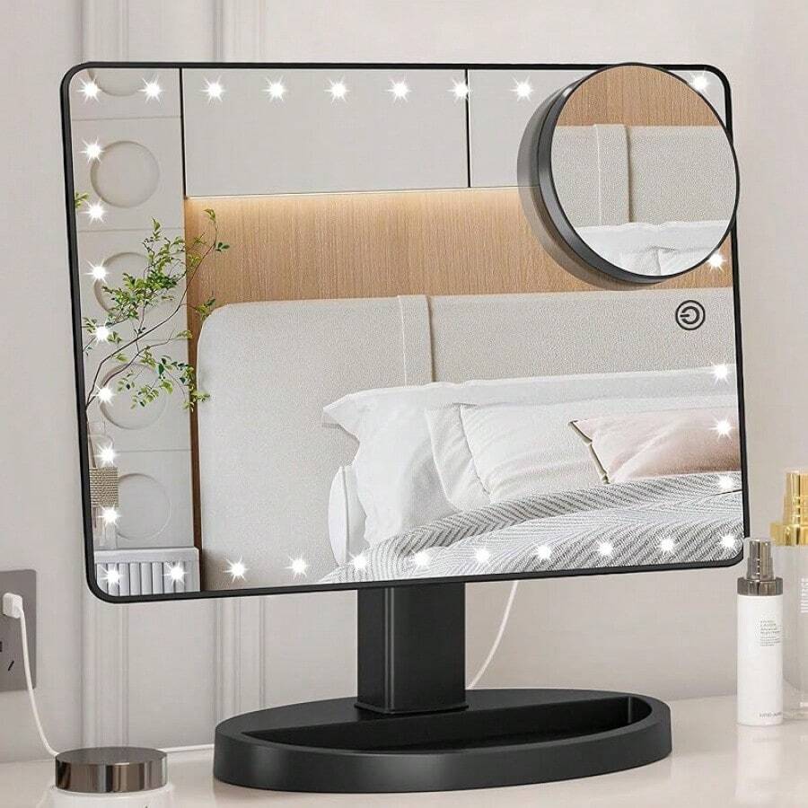 Espejo de maquillaje iluminado Funtouch con 88 LED, pantallaáctil de rotación de 360 grados, espejo cosmético portátil de mesa con aumento de 10X - Negro - Ver 1