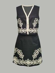 2pcs/Set Printed Top & Mini Skirt Casual Holiday Commute Outfit