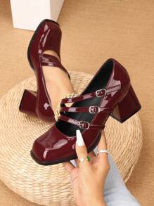 Vintage French Style Mary Jane Pumps For Women, New Spring High Heels, Korean Princess Solid Color Square Toe Thick Heel Dress Shoes