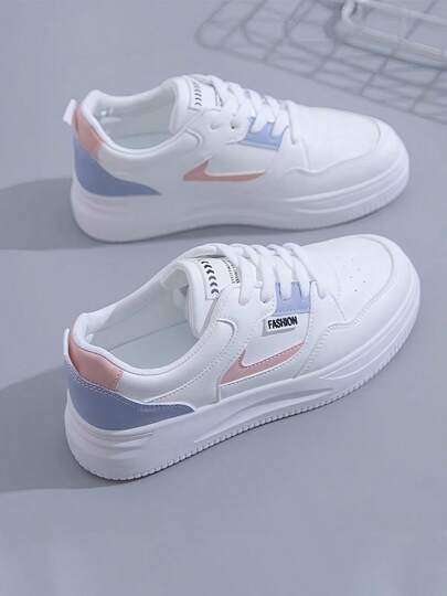 Zapatos de mujer, zapatos cómodos de suela gruesa para dama, zapatos de patineta transpirables y antideslizantes, zapatos deportivos casuales de moda versátiles, diseño de color contrastante con punta redonda y cordones en la parte delantera.Tenis De Plataforma Azules Cómodos Para Mujer, Zapatos De Patineta Transpirables Y Antideslizantes Para Mujer, Tenis Casuales Modernos Y Versátiles Para Mujer, Diseño De Color Contrastante, Zapatos De Punta Redonda Con Cordones, Adecuados Para La Universidad, Actividades Al Aire Atuendos Diarios Versátiles.