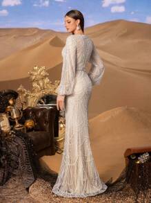 Faeriesty Haute Glamour Elegant Luxurious Sequined Mermaid Gown With Long Sleeves - Sparkling Crystal-Beaded Accents For Red Carpet Events, Celebrity Weddings, Gala Dinners, And Editorial-Ready Fashion Showouts