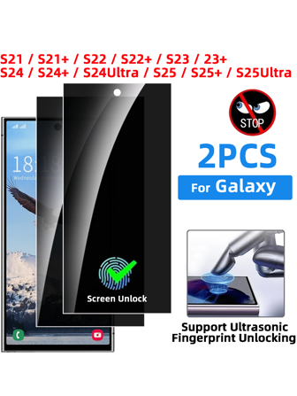2 st. sekretessskydd härdat glas kompatibelt med Galaxy S25Ultra S25+ S24Ultra S24+ S23+ S22+ S21+ anti-spion skärmskydd fingeravtrycksfunktion kompatibelt med Galaxy S25 S24 S23 S22 S21 present till födelsedag, familj, vänner telefonskärmskydd, telefontillbehör vattentätt stötsäkert fallskydd fallskydd reptåligt fingeravtrycksskydd heltäckande