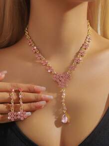 3pcs Set Fashion Long Tassel Artificial Crystal Pendant Necklace & Earrings Set, Gold, Suitable For Women Wedding, Party Wear And Holiday Gifts