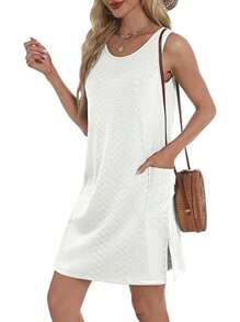 Summer Dresses For Women 2025 Eyelet Casual Loose Sleeveless Sundresses Tank Dresses With Pockets Beach Dress - 白色 - 查看 2