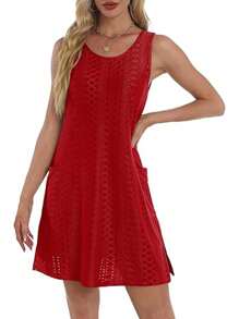 Summer Dresses For Women 2025 Eyelet Casual Loose Sleeveless Sundresses Tank Dresses With Pockets Beach Dress - Đỏ - Xem 3