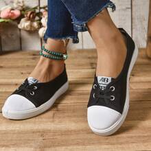 Women's White Casual Canvas Slip-On Sneakers With Lace Decor, Round Toe, Flat Sole, Spring/Autumn - Black - View 2