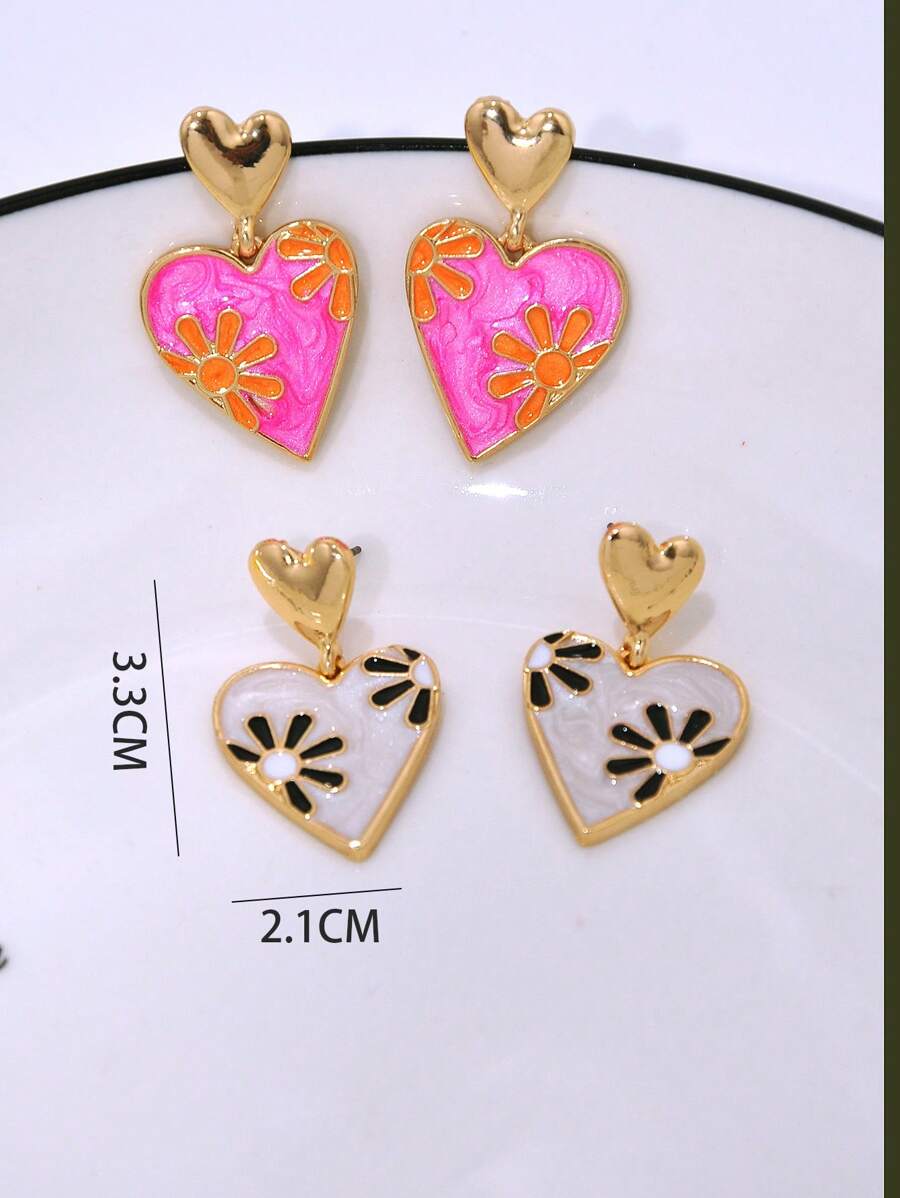 1 对精致油滴心形和花朵装饰耳钉，奢华女士耳环，适合作为送给女朋友/妻子的礼物 - 彩色 - 查看 1