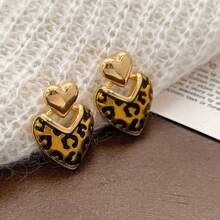 2 件/1 对复古豹纹 Maillard 独特个性化心形耳钉，适合女性日常穿着
