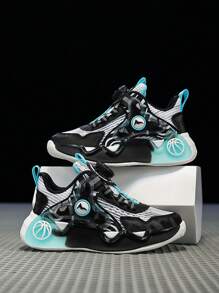 儿童时尚夏季网眼运动鞋，拼色设计，夜光，适合日常穿着，可调节旋转带方便穿脱，防滑减震，复古厚底运动鞋，彩色运动鞋