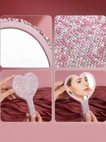 1pc Rhinestone Series, Diamond-Studded Heart-Shaped/Round/Square Mirror, Portable Handle Mirror, Makeup Handheld Mirror, Cute Small Mirror, Hand-Held Mirror