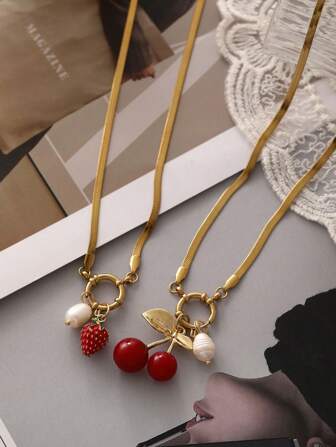 1pcY2K Moda Criativa Elegante Lindo Faux Pérola Cereja Morango Titânio Aço Cobra Osso Corrente Fivela Colar Maas Red Lady Sisters Casal Jóias Presentes, Adequado Para Presentes Diários Namoro Festa Festa Banquete Casamento Aniversário Festival Usar Jóias Vermelhas