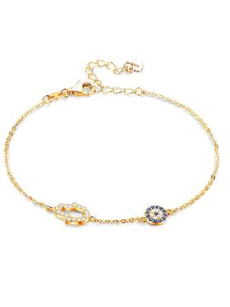 TONGZHE 1pc 925 Sterling Silver Fatima Hand & Evil Eye Charm Bracelet With Blue Zirconia Stones, Turkish Jewelry