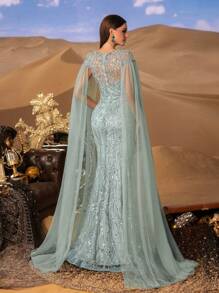 Faeriesty Haute Glamour Formal Women's Evening Dress With Round Neck, Oversized Long Sleeves, And Elegant Mermaid Hemline. Perfect For Wedding Banquets, Charity Galas, Award Ceremonies, Opera Nights, And High-End Business Dinners.