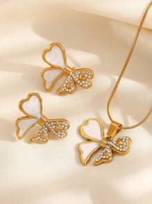 3 件套奢华设计蝴蝶结水钻装饰不锈钢首饰套装，休闲优雅蝴蝶耳环项链，适合女士日常、派对、婚礼 - 金黃色 - 查看 5