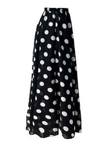 1 Set Solid Color Ruched Long Sleeve Top + Polka Dot Print Skirt - Black and White - View 6