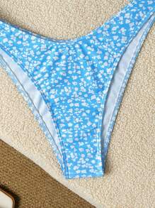 女式新款时尚性感清新针织碎花装饰露背系带聚拢碎花印花两件套比基尼泳装套装 - 藍色 - 查看 4