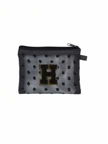 1 pieza Bolsa de malla transparente con forma de corazón linda, Mini bolsa de almacenamiento - Toalla con inicial bordada de la A a la Z, Bolsa cosmética portátil multifuncional para viajes, Bolsa de almacenamiento para maquillaje, cuidado de la piel y lápiz labial, Bolsa de cremallera de malla, Organizador de maquillaje para viajes