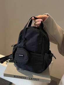 1pc Solid Color Nylon Fabric Backpack, Multi-Functional Handbag & Shoulder Bag, Suitable For College Students, Zipper Closure, Daily Use (With Coin Pouch)Back To School Essentials - Black - View 1