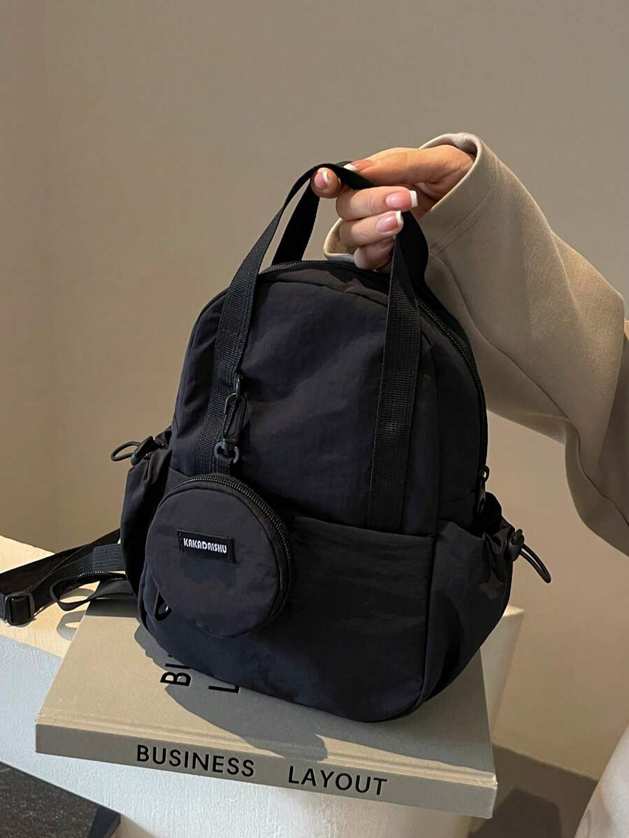 1pc Solid Color Nylon Fabric Backpack, Multi-Functional Handbag & Shoulder Bag, Suitable For College Students, Zipper Closure, Daily Use (With Coin Pouch)Back To School Essentials - Black - View 1