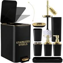 Black Bathroom Accessories Set 8 Piece Black And Gold Bathroom Set, Bathroom Sets With Stainless Steel Trash Can,Toilet Brush,Toothbrush Set,Soap Dispenser