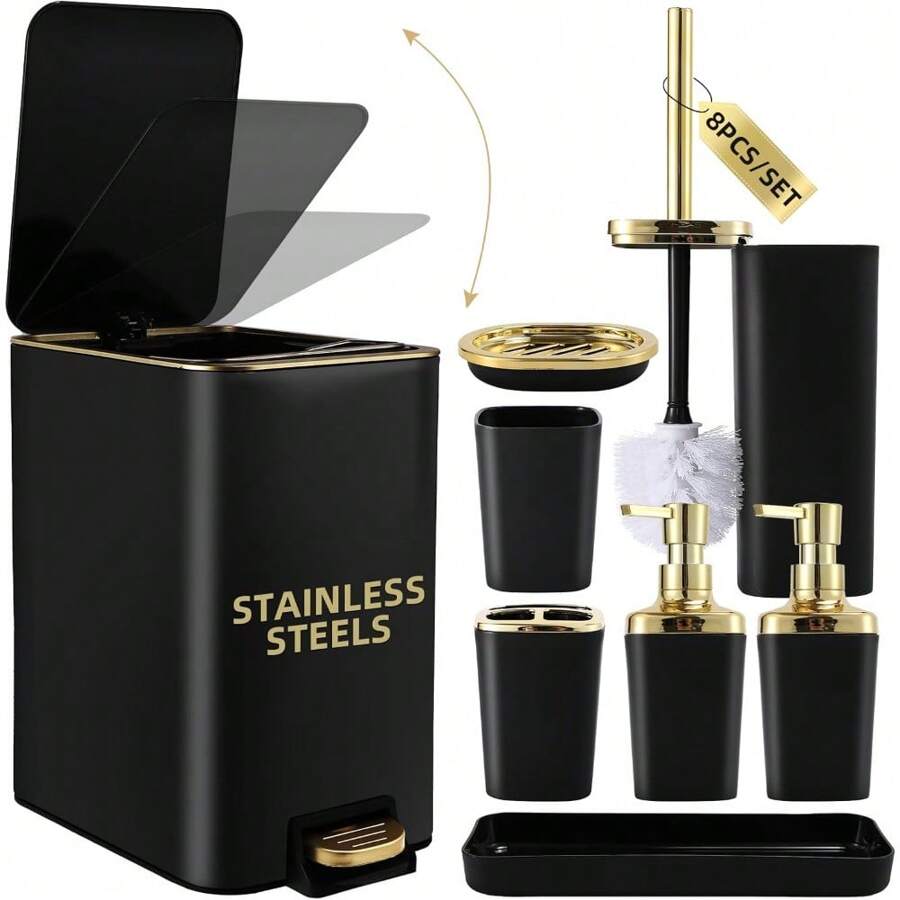 Black Bathroom Accessories Set 8 Piece Black And Gold Bathroom Set, Bathroom Sets With Stainless Steel Trash Can,Toilet Brush,Toothbrush Set,Soap Dispenser