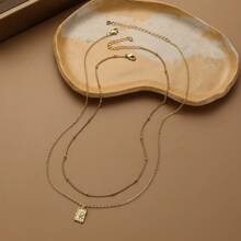 2 pièces Ensemble de colliers vintage élégants en or avec pendentif carré zirconié étincelant et rectangle - Design de chaîne perlée élégant pour un port quotidien et festif