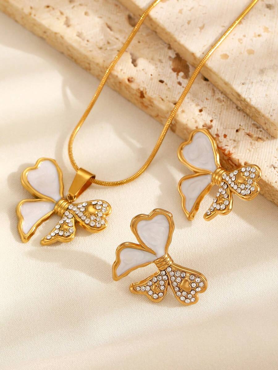 3 件套奢华设计蝴蝶结水钻装饰不锈钢首饰套装，休闲优雅蝴蝶耳环项链，适合女士日常、派对、婚礼 - 金黃色 - 查看 1