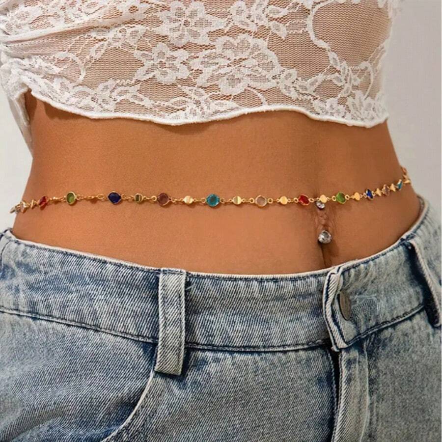 A Stylish Golden And Silvery Waist Chain With Colorful Imitation Crystals, Suitable For Beach Style, Can Be Worn As A Body Chain In Spring And Summer For Daily Use. - Crystal Waist Chain - View 1