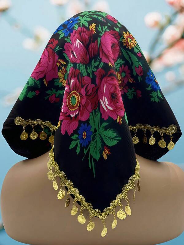 Magnifique foulard enveloppant décontracté à imprimé pour femme. Turban avec pendentif chaîne de sequins dorés façonnés à la main, frange, écharpe triangulaire hijab