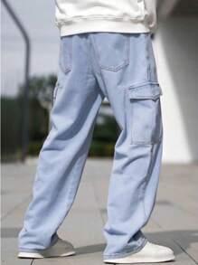 Men's Baggy Jeans Side Pocket Cargo Pants Street Style - 淺色水洗藍 - 查看 2