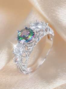 1pc Luxury Sparkly Floral Pattern Classic 6-Prong 7-Color Zirconia Round Ring, For Women, Suitable For Valentine's Day, Dating, Engagement, Wedding, Daily Wear, Party,Mom,Mother,Mother's Day,Gift