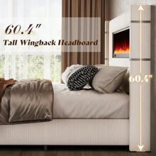 Modern Bed Frame With Fireplace, 60.4" Extra Tall Wingback Headboard, Corduroy Upholstered Platform Bed – Wooden Slats, No Box Spring Needed - Beige - View 9