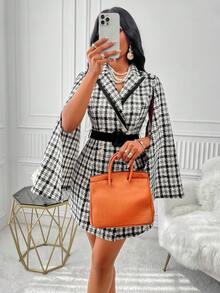 Pointed Collar Open Slit Sleeve Thick Tweed Jacket - Black and White - View 5