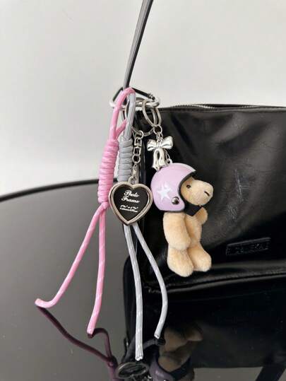 可爱的头盔熊吊坠饰品，DIY 心形照片吊饰，手工绳子配件钥匙扣，适用于包、汽车、手机、裤子 - 送给女朋友、朋友、同学的绝佳礼物